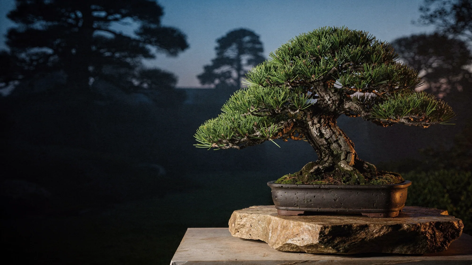 Japanische Schwarzkiefer als Bonsai auf einem Natursteinpodest, vor einem dunklen Garten